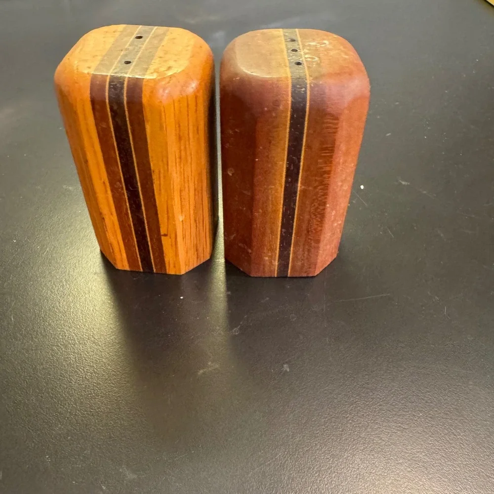 MCM Salt & Pepper Shakers Set Brown Striped Mixed Wood Octagonal